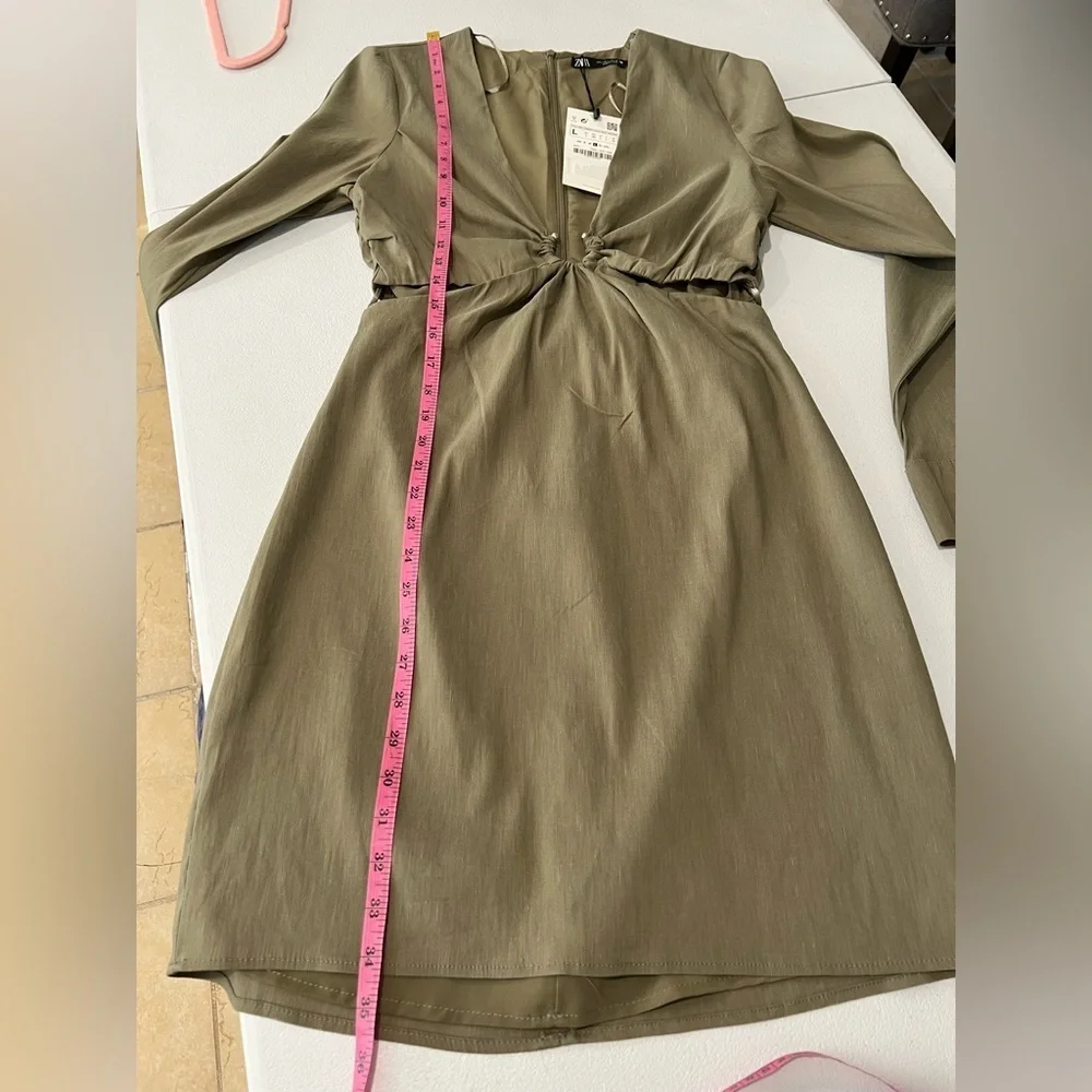 Zara * Stretchy Linen Blend Short Mini Dress Cut Out Green Olive L